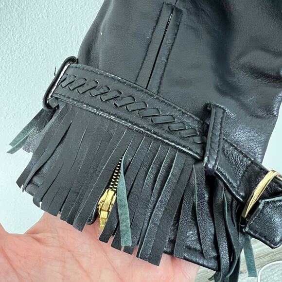 St. John Sport By Marie Gray SZ 6 Black Leather Jacket Removable Fringe Collar - Picture 5 of 16